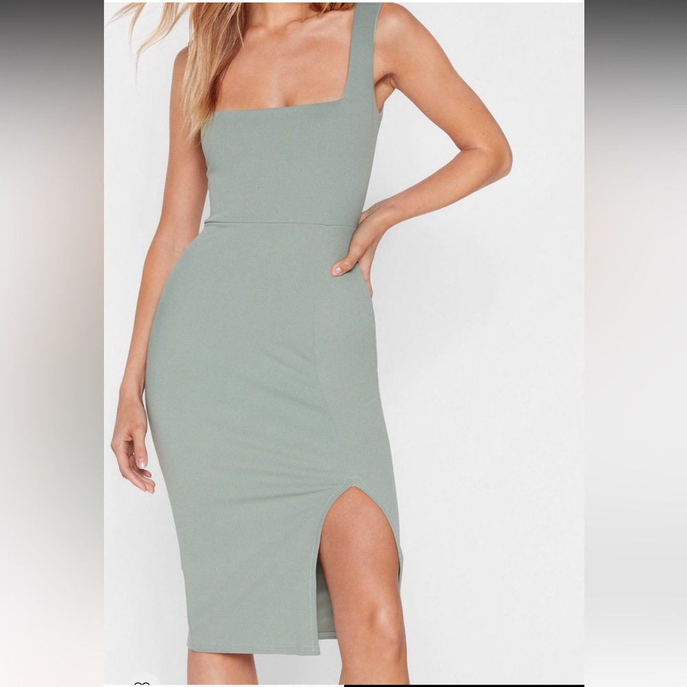 Square Neck Split Hem Jersey Midi Dress